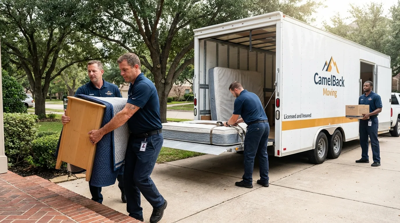 Crew loading residential truck for cross-state move from Bayport, MN