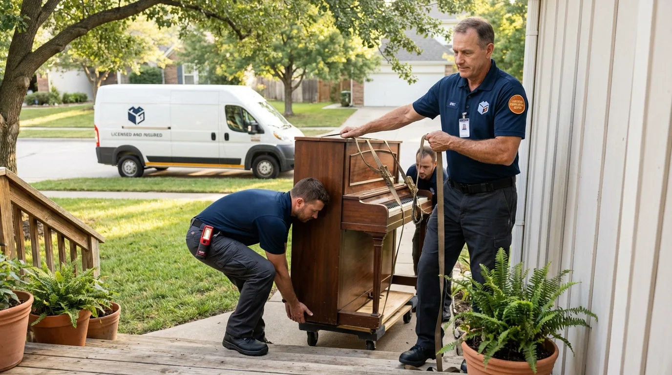 Licensed piano movers securing grand piano in Bayport, MN