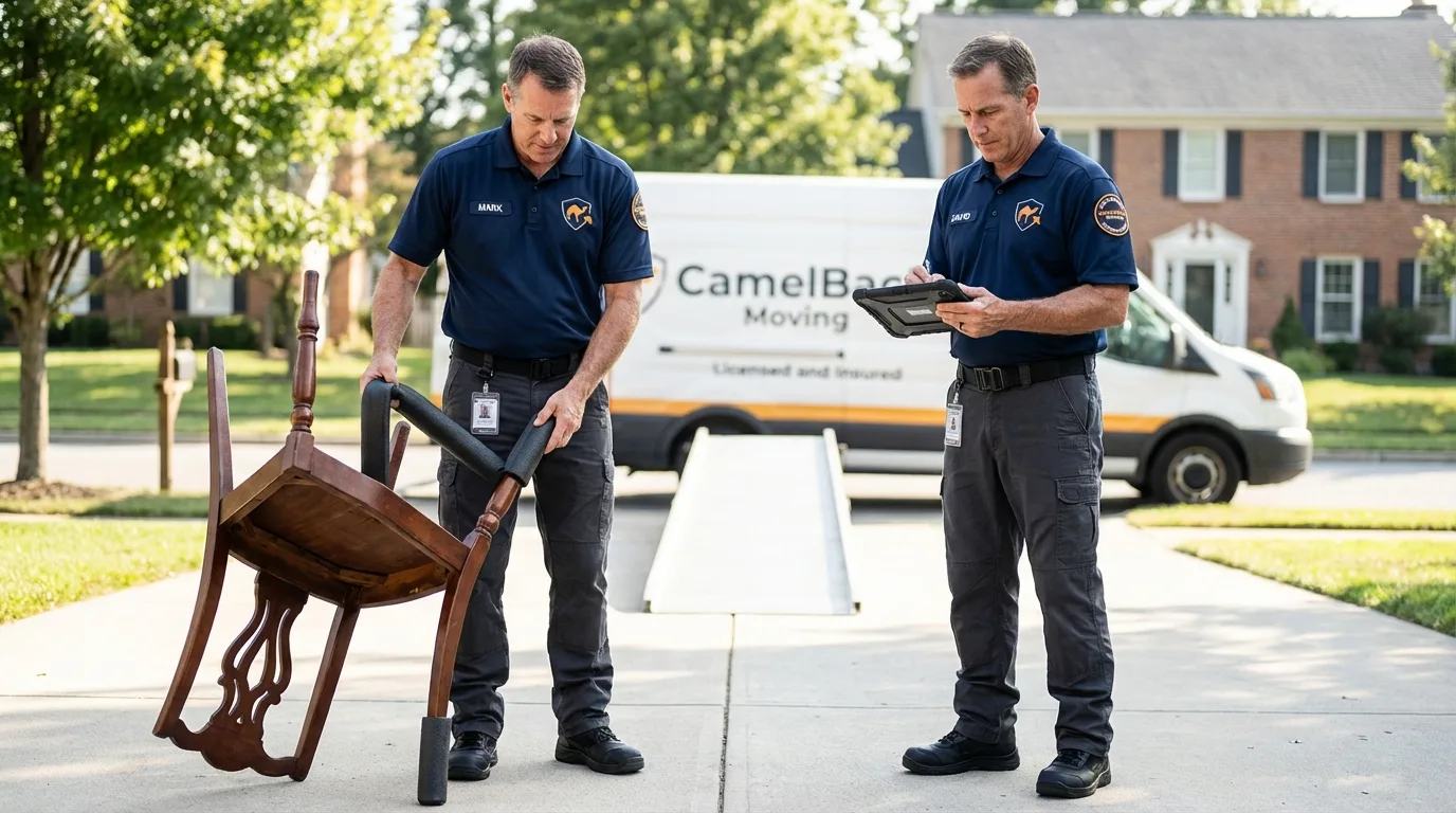 Movers inspecting furniture for damage prevention before loading in Bayport, MN