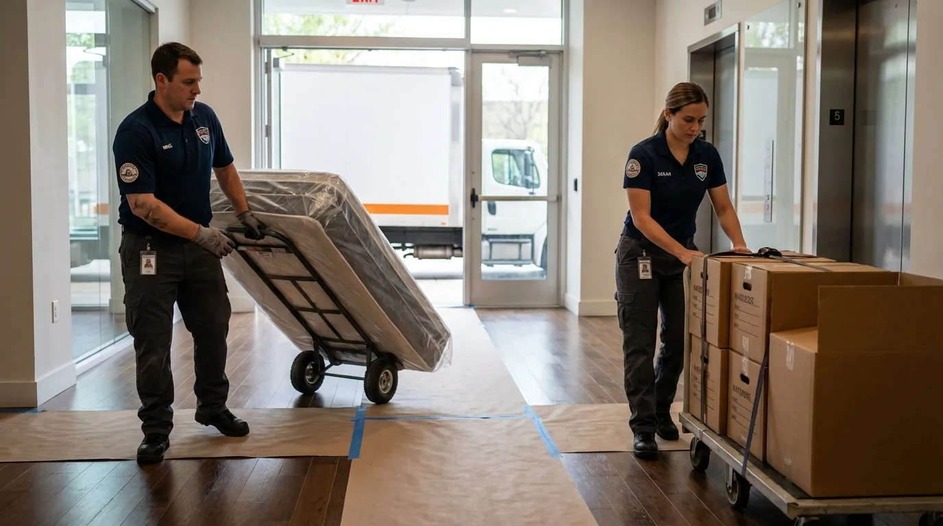 Professional apartment movers loading elevator in Bayport, MN