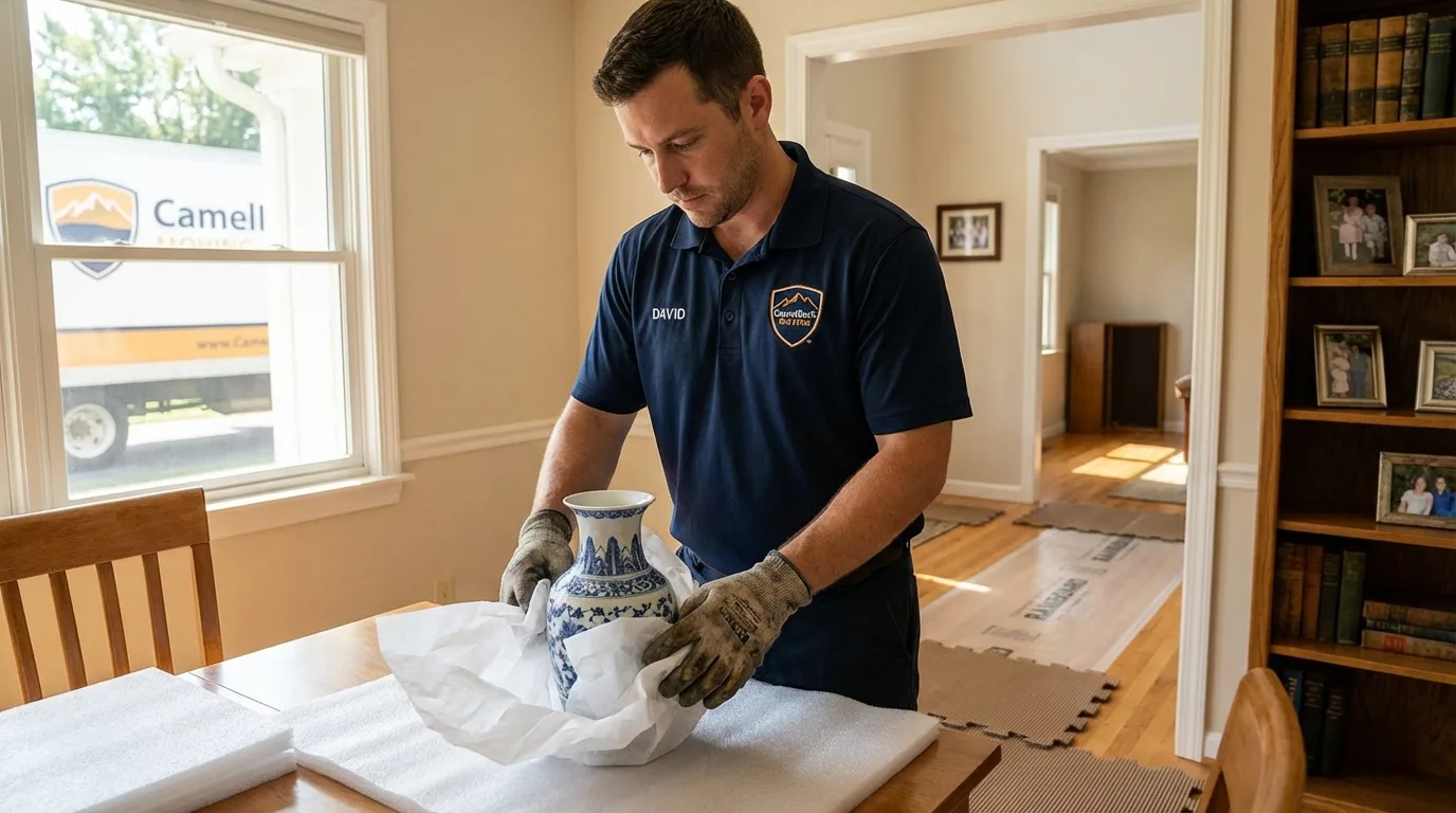 Professional crew carefully wrapping antique vase for senior downsizing move in Bayport, MN